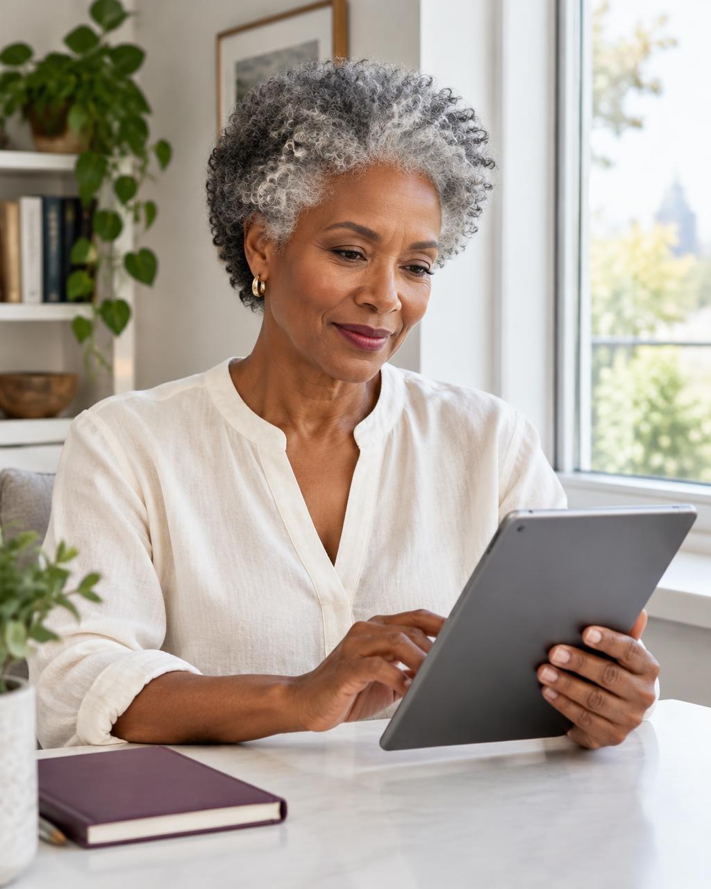 Older adult engaged with a tablet at home