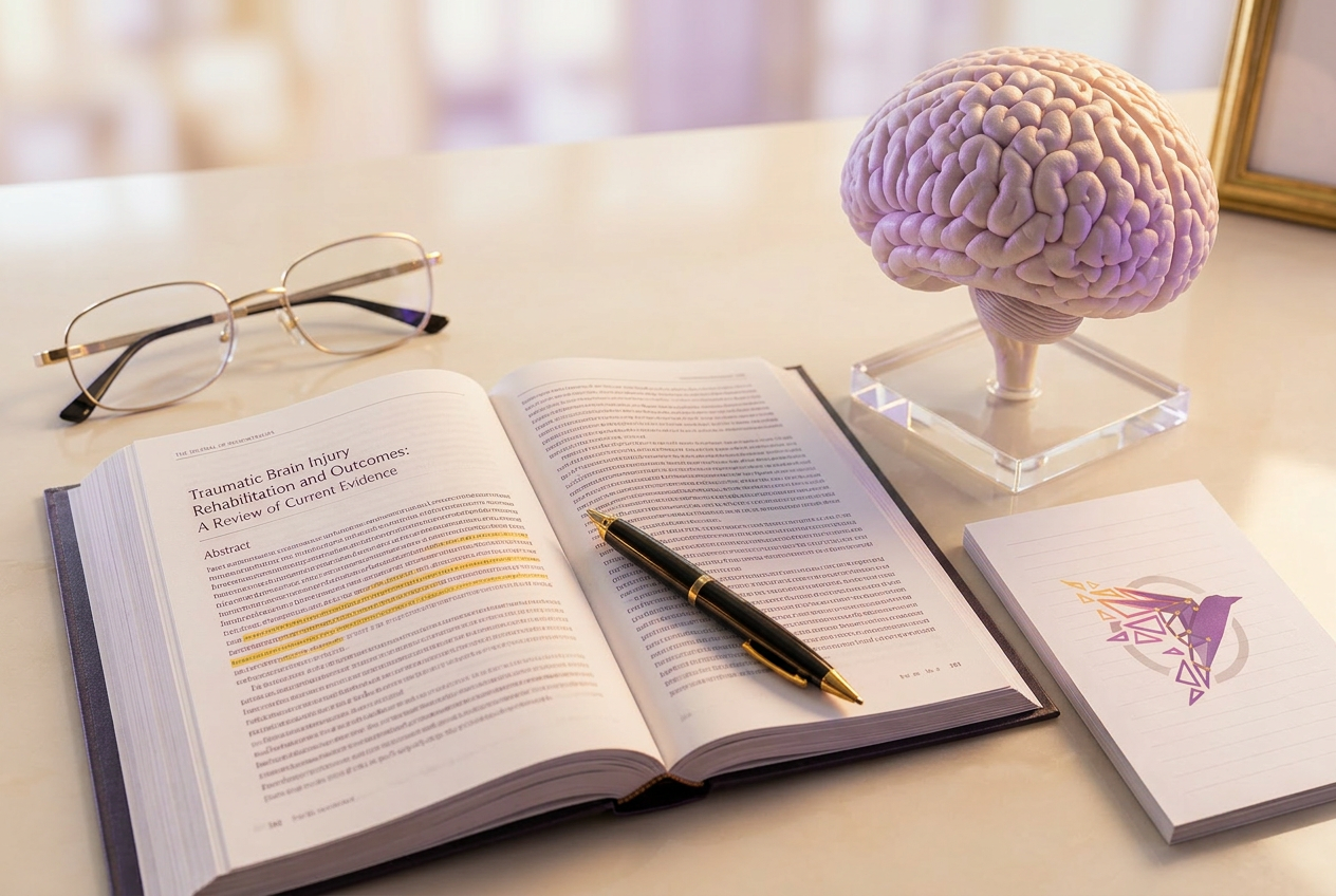 Open neuroscience journal beside a brain model under purple and gold light