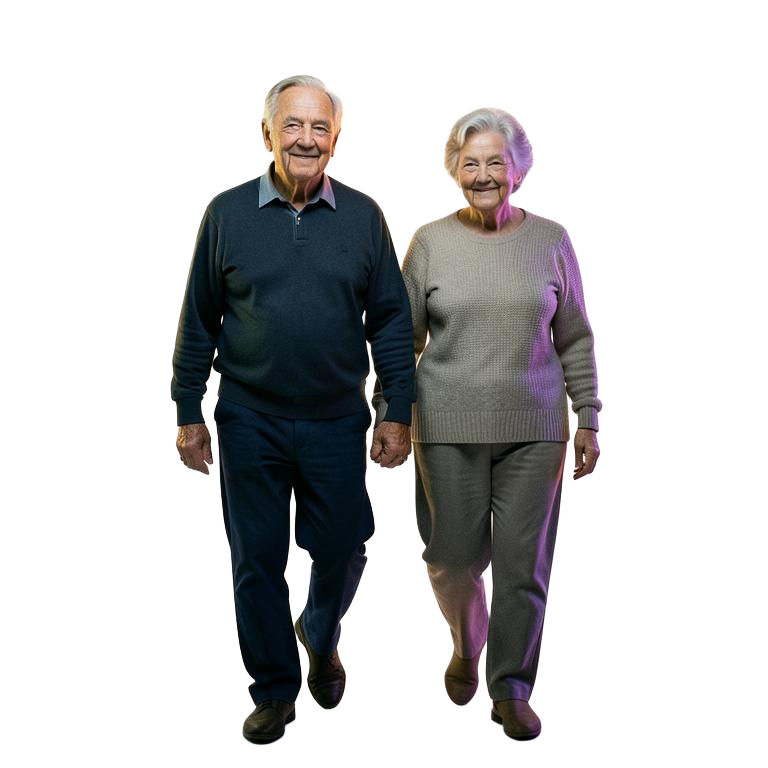 An older couple walking together, representing fall prevention and cognitive longevity