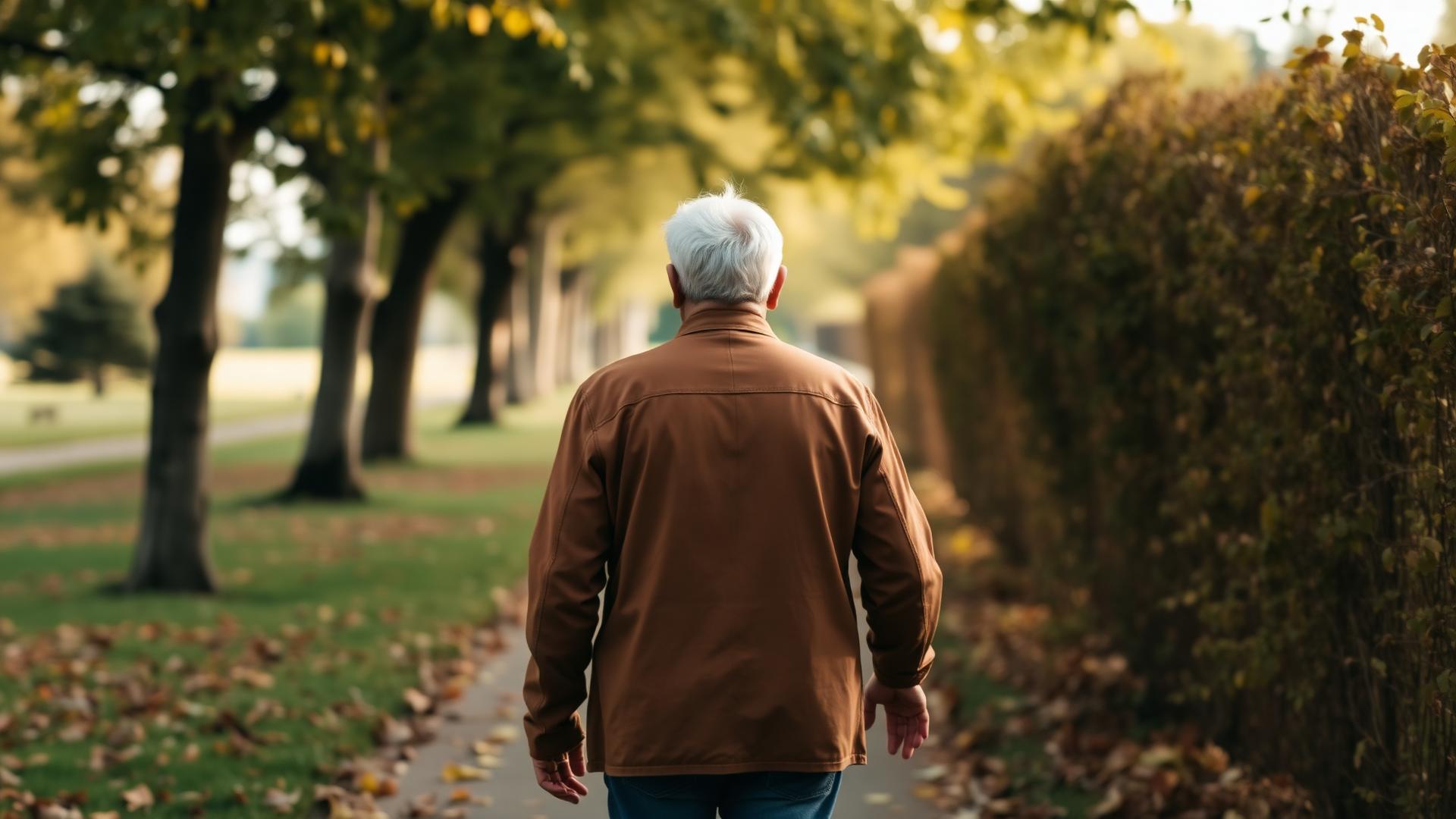 An older adult walking briskly along a tree lined path in warm afternoon light.
