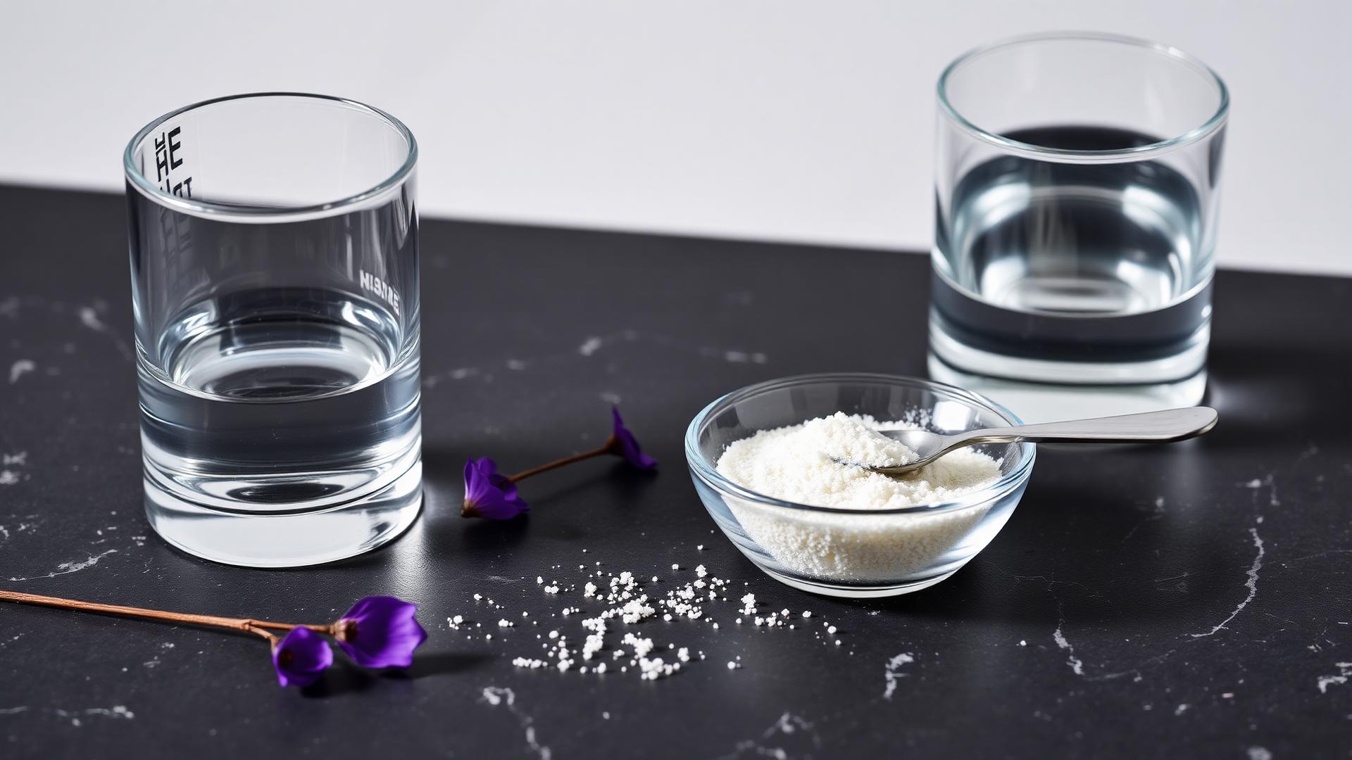 Fine white creatine powder in a small glass dish beside a glass of water on dark stone.