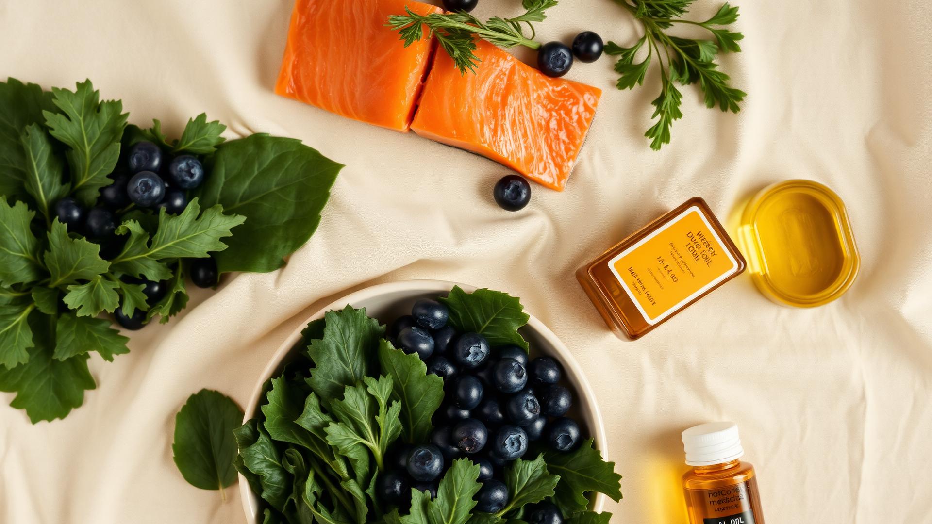 Overhead still life of leafy greens, wild salmon, blueberries and olive oil.