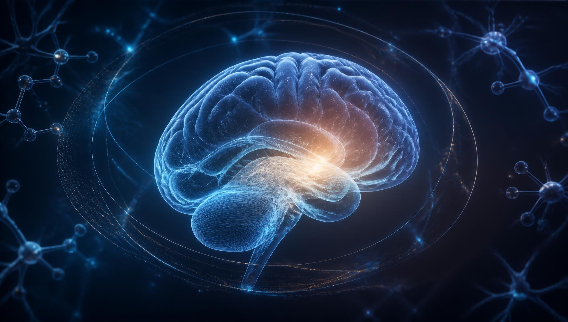 Luminous stylized brain surrounded by soft molecular rings and neural pathways against a deep indigo background.