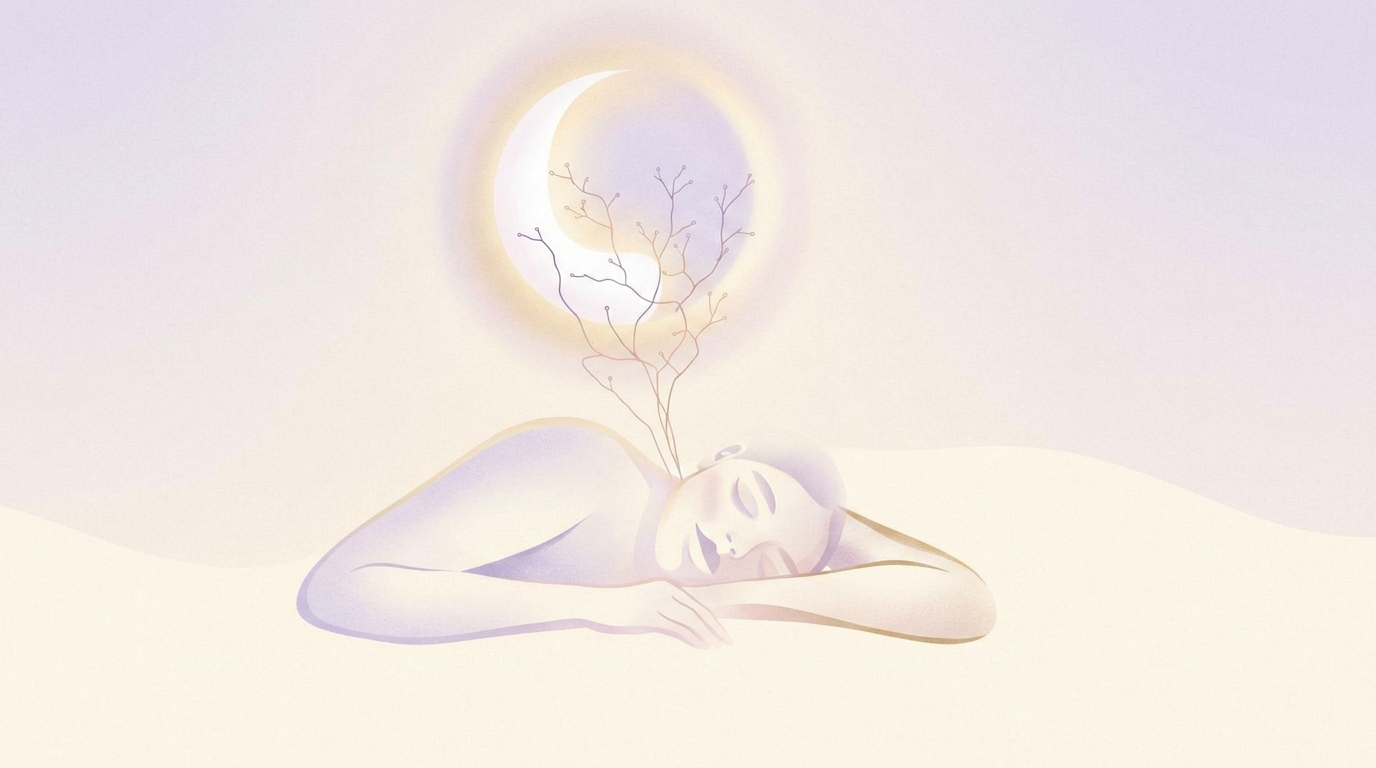 A serene sleeping figure under moonlight with a delicate neural pattern above.