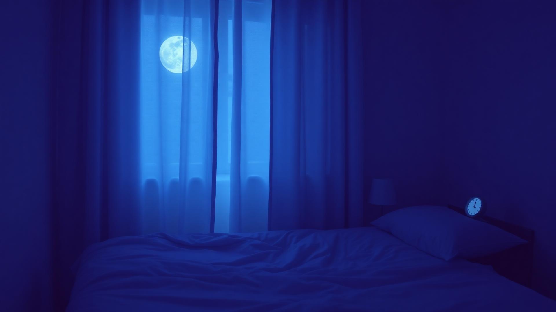 A quiet, dark bedroom at night with crisp linens and moonlight through the curtains.