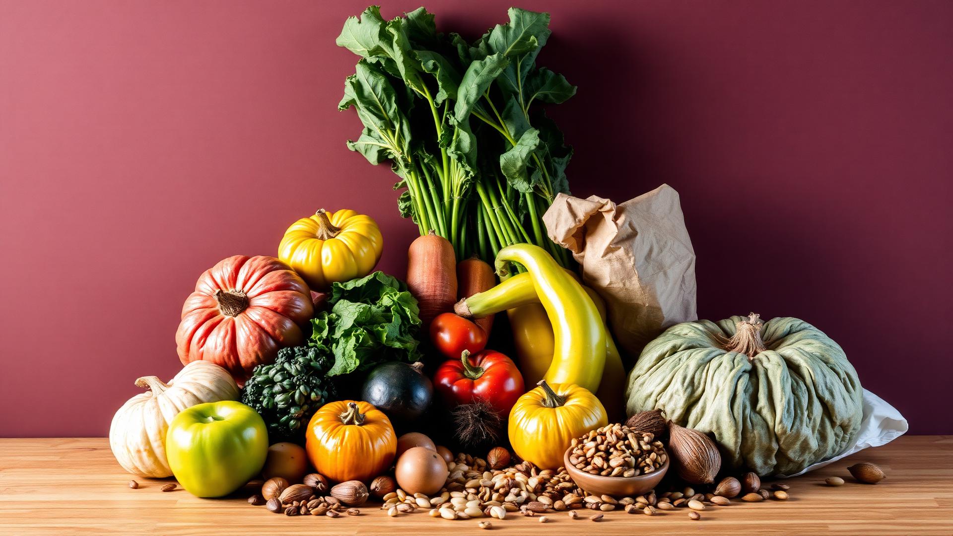 Rustic market still life of whole organic vegetables, fruits, nuts and seeds.