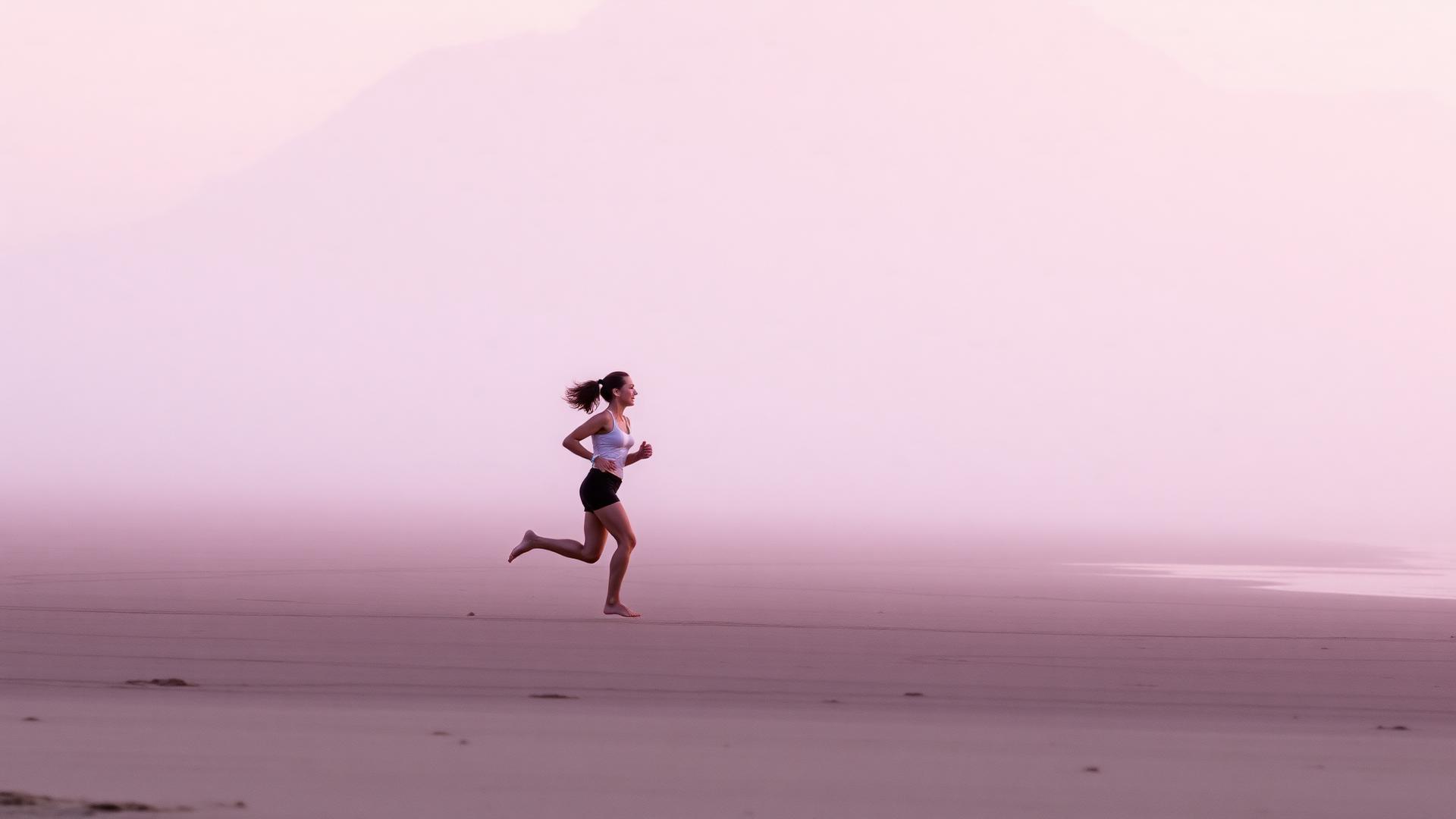 A woman running barefoot at dawn on an empty beach in soft pink light.